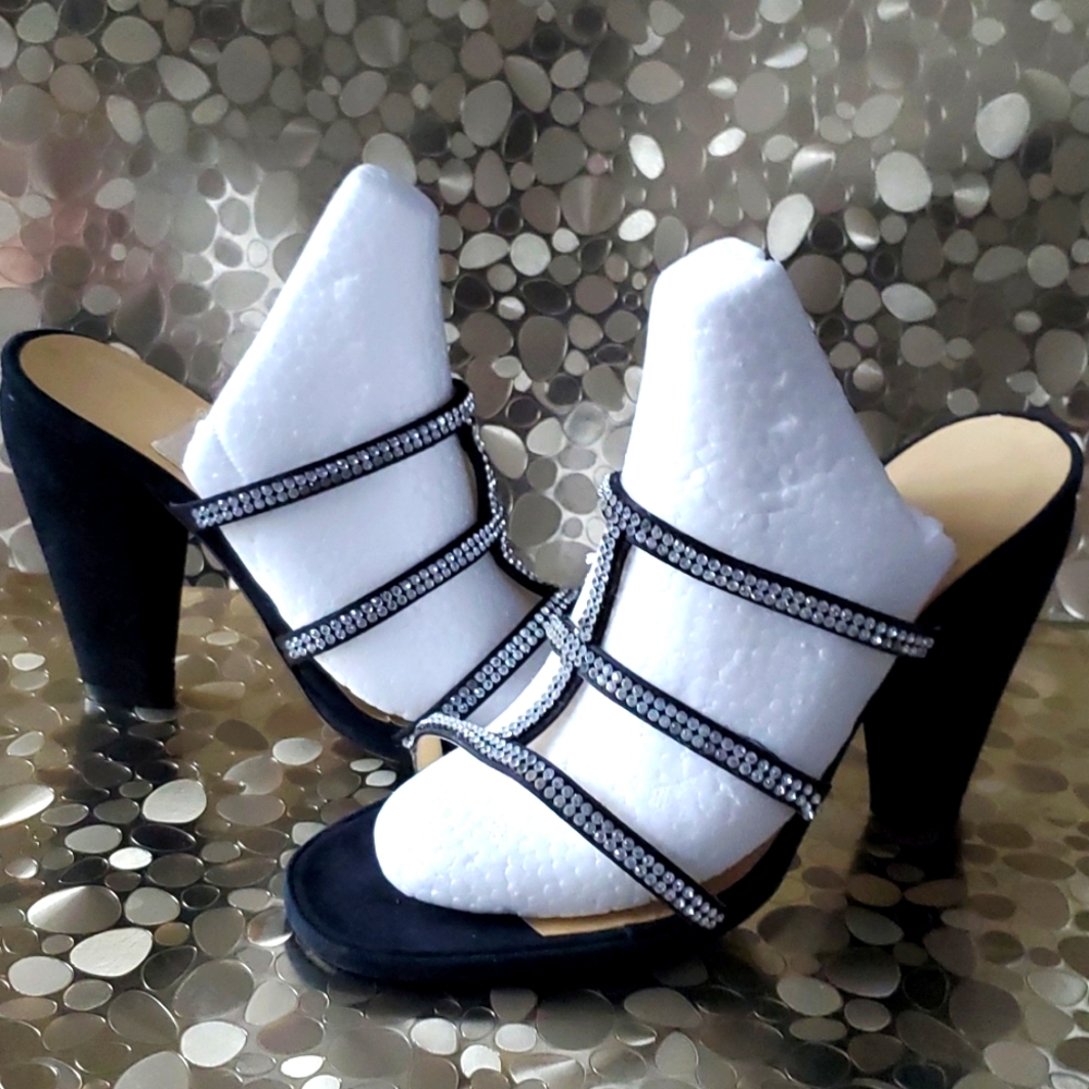 Todd Oldham Black Suede, size 7, 4inch, Rhinestone Sandal Pump.
